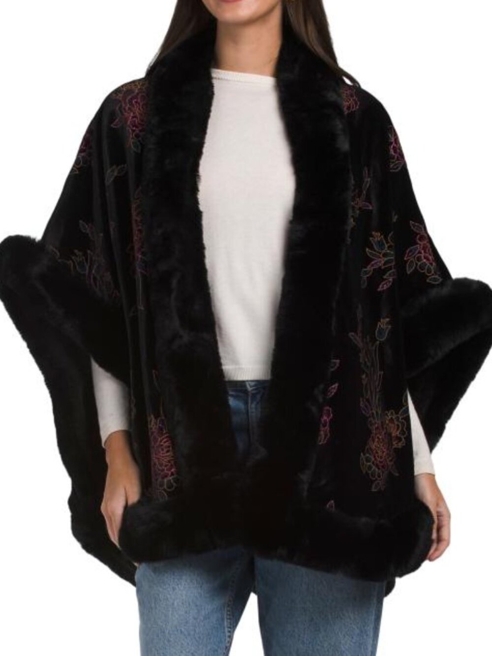 JESSICA MCCLINTOCK Ruana With Faux Fur